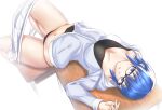  1girl bangs black-framed_eyewear black_shirt blue_eyes blue_hair bob_cut breasts ciel_(tsukihime) cleavage clothes_pull desk eyebrows_visible_through_hair from_above glasses hood hooded_track_jacket jacket k880677 large_breasts looking_at_viewer lowleg lowleg_panties lying navel on_back on_desk open_clothes open_jacket panties parted_lips pleated_skirt rectangular_eyewear school_desk shirt short_hair sidelocks skirt skirt_pull solo string_panties track_jacket tsukihime tsukihime_(remake) underwear upside-down white_jacket white_skirt 