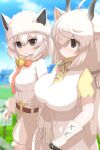  2girls absurdres alpaca_huacaya_(kemono_friends) animal_ears bell blush bow bowtie breasts closed_mouth gloves grey_eyes hair_over_one_eye highres horns karekusa_meronu kemono_friends large_breasts long_hair looking_at_viewer looking_away multiple_girls neck_bell parted_lips red_bow red_bowtie short_hair smile white_hair yak_(kemono_friends) 
