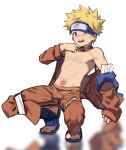  1boy bare_pectorals bare_shoulders blonde_hair blue_eyes collar facial_mark looking_at_viewer male_focus naruto naruto_(series) navel pectorals removing_jacket simple_background solo sora_(zwz030) tattoo teeth uzumaki_naruto white_background 