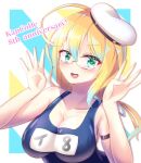  1girl ahoge anniversary blonde_hair blue_background breasts cleavage collarbone copyright_name eyebrows_visible_through_hair glasses green_eyes hair_between_eyes hat highres i-8_(kancolle) kantai_collection large_breasts looking_at_viewer low_twintails multicolored_background name_tag ogamaru one-piece_swimsuit open_mouth peaked_cap red-framed_eyewear sailor_hat school_swimsuit semi-rimless_eyewear smile solo swimsuit tri_tails twintails under-rim_eyewear upper_body white_background yellow_background 