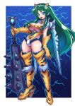  1girl animal_print bangs blue_eyes blush boots breasts cleavage club_(weapon) dakusuta electricity eyebrows_visible_through_hair fangs gloves green_hair highres horns large_breasts long_hair lum oni_horns open_mouth pointy_ears sidelocks smile solo thigh_boots thighhighs tiger_print urusei_yatsura weapon yellow_gloves 