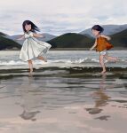  2girls ^_^ ^o^ bangs bare_arms bare_shoulders barefoot beach black_hair camisole child closed_eyes cloud cloudy_sky day dress facing_viewer floating_hair from_side grey_sky hair_behind_ear hand_up happy highres hill leg_up maeya_susumu medium_dress multiple_girls no_nose ocean open_hand open_mouth original outdoors pleated_dress profile red_camisole reflection reflective_water running sand short_hair short_shorts shorts sky sleeveless sleeveless_dress smile spaghetti_strap splashing straight_hair sundress water water_drop white_dress wide_shot wind 