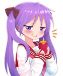  1girl bangs black_bow blue_eyes blush bow commentary eating food food_on_face frown glaring hair_bow half-closed_eyes hiiragi_kagami holding kemu_(guruguru_dan) long_hair long_sleeves looking_at_viewer lucky_star neckerchief notice_lines open_mouth purple_hair red_sailor_collar ryouou_school_uniform sailor_collar school_uniform serafuku simple_background solo sweet_potato twintails upper_body white_background 