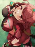  1girl bangs black_gloves breasts chest_jewel earrings fingerless_gloves gloves highres jewelry large_breasts oyasu pyra_(xenoblade) red_eyes red_hair red_legwear red_shorts short_hair short_shorts shorts solo swept_bangs thighhighs tiara xenoblade_chronicles_(series) xenoblade_chronicles_2 