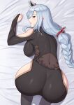  1girl absurdres ass ass_focus band-width bed_sheet black_bodysuit blue_eyes blue_hair bodysuit braid braided_ponytail breasts commentary english_commentary genshin_impact hair_ornament highres large_breasts long_hair open_mouth shenhe_(genshin_impact) solo 