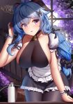  1girl ahoge alternate_costume artist_name bangs bare_shoulders bent_over black_legwear blue_hair blush bottle breasts cleavage dress ganyu_(genshin_impact) genshin_impact highres horns indoors large_breasts leaning_forward long_hair looking_at_viewer open_mouth purple_eyes solo thighs wsman 