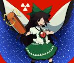  1girl archived_source black_eyes black_hair black_wings bow cape feathered_wings gesture green_bow green_skirt long_hair night night_sky open_mouth pointing pttarou_(potetaro) puffy_sleeves radiation_symbol red_background red_eyes reiuji_utsuho shirt simple_background skirt sky slit_pupils smile solo standing star_(sky) star_(symbol) third_eye touhou white_shirt wings 