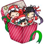  3girls adapted_costume bangs black_hair blue_hair blunt_bangs blush box chibi christmas closed_eyes closed_mouth commentary_request demon_girl demon_horns ear_chain ear_piercing engacyo_(engacyo39800yen) eyebrows_visible_through_hair fang gift gloves hat heart highres horns in_box in_container jacket kojo_anna long_hair looking_at_viewer multicolored_hair multiple_girls o3o off_shoulder one_eye_closed open_mouth partially_fingerless_gloves piercing pointy_ears purple_hair red_eyes red_gloves red_hair red_headwear red_jacket ryugasaki_rene santa_hat shishio_chris short_hair simple_background skin_fang smile sugar_lyric twintails two-tone_hair upper_body virtual_youtuber white_background yellow_eyes 