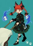  1girl animal_ears archived_source bow braid cat_ears dress extra_ears fang ghost green_background green_dress highres hitodama kaenbyou_rin leg_ribbon mary_janes open_mouth paw_print pttarou_(potetaro) pushing pushing_cart red_eyes red_hair ribbon shoes simple_background skull slit_pupils smile solo touhou twin_braids wheelbarrow 