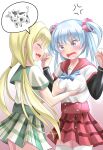  2girls absurdres bangs blonde_hair blue_eyes blue_hair breasts chuuou_academy_uniform good_meat_day groping highres kamihama_university_affiliated_school_uniform large_breasts long_hair magia_record:_mahou_shoujo_madoka_magica_gaiden mahou_shoujo_madoka_magica minami_rena mitsuki_felicia multiple_girls open_mouth school_uniform scrunchie skirt smile twintails two_side_up user_rrxn8224 