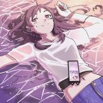  1girl absurdres beach black_tank_top brown_hair cellphone earbuds earphones epitaph_(1122) highres idolmaster idolmaster_million_live! idolmaster_million_live!_theater_days kitazawa_shiho long_hair looking_at_viewer phone shirt shorts smartphone smile solo sunset tank_top water wet wet_clothes white_shirt yellow_eyes 