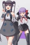  2girls @_@ absurdres bangs bare_shoulders bb_(fate) bb_(fate/extra) black_coat black_dress black_skirt blue_eyes blush breasts closed_eyes coat detached_sleeves double_bun dress fate/extra fate/extra_ccc fate/grand_order fate_(series) gloves hair_ribbon high-waist_skirt highres kopaka_(karda_nui) large_breasts leotard long_hair long_sleeves looking_at_viewer multiple_girls neck_ribbon open_clothes open_coat open_mouth popped_collar purple_hair red_ribbon ribbon sidelocks skirt smile thighs twintails very_long_hair white_gloves white_leotard wide_sleeves yang_guifei_(fate) 
