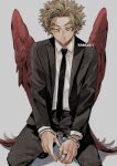  1boy artist_name bangs belt black_necktie blazer blood blood_on_clothes boku_no_hero_academia brown_hair commentary cuffs dress_shoes earrings facial_hair feathered_wings formal full_body goat_horns gradient gradient_background handcuffs hawks_(boku_no_hero_academia) horns jacket jewelry kadeart large_wings long_sleeves looking_at_viewer male_focus necktie nosebleed parted_bangs restrained ring shadow shirt short_hair short_sleeves simple_background solo spiked_hair squatting stubble suit thick_eyebrows v-shaped_eyebrows white_shirt wings yellow_eyes 