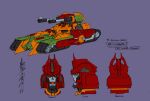  1boy 2021 alex_milne armor bludgeon character_sheet decepticon evil full_body green_armor ground_vehicle head mecha military military_vehicle motor_vehicle official_art orange_armor purple_background red_armor red_eyes red_headwear samurai science_fiction signature tank tank_turret the_transformers_(idw) transformers 
