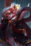  1boy blonde_hair blurry dark_sky depth_of_field facepaint facial_mark fingerless_gloves gloves holding holding_mask horns japanese_clothes looking_down male_focus mask mask_on_head oni_mask onmyoji open_mouth otoko_no_ko outdoors prajna_(onmyoji) rain short_hair snake solo storm xiahuaxian_cang yellow_eyes 