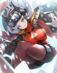  1girl black_headwear blue_eyes breasts bright_pupils cleavage cleavage_cutout clothing_cutout commentary dragalia_lost earmuffs gloves goggles goggles_on_headwear gonzarez hat highres ilia_(dragalia_lost) large_breasts long_hair looking_at_viewer pantyhose red_legwear short_shorts shorts smile snowboarding solo sweater turtleneck turtleneck_sweater white_gloves white_hair white_pupils 