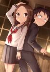  1boy 1girl absurdres arm_up bangs black_jacket black_pants black_sailor_collar blue_skirt blush brown_eyes brown_hair closed_mouth commentary_request cowboy_shot forehead hand_on_own_head highres jacket karakai_jouzu_no_takagi-san long_hair long_sleeves looking_at_another looking_to_the_side neckerchief nishikata pants red_neckerchief sailor_collar school_uniform serafuku shirt short_hair skirt skywalker0610 smile standing takagi-san wavy_mouth white_shirt window 