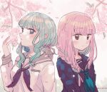  2girls bangs blunt_bangs braid cherry_blossoms dappled_sunlight eyebrows_visible_through_hair futaba_sana green_eyes green_hair hand_up low_twintails magia_record:_mahou_shoujo_madoka_magica_gaiden mahou_shoujo_madoka_magica multiple_girls neckerchief parted_lips pink_eyes pink_hair sailor_collar school_uniform smile sunlight tamaki_iroha totte twintails 