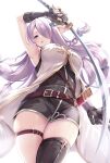  1girl :o black_gloves black_legwear blue_eyes breasts commentary_request draph fingerless_gloves gloves granblue_fantasy hair_over_one_eye highres holding holding_sword holding_weapon katana long_hair looking_at_viewer medium_breasts naoki_(endofcentury102) narmaya_(granblue_fantasy) pointy_ears purple_hair simple_background single_thighhigh solo sword thighhighs thighs weapon white_background 