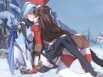  2girls all_fours amber_(genshin_impact) aqua_hair ass barrel between_legs blush brown_hair closed_mouth czasjb eula_(genshin_impact) forehead-to-forehead genshin_impact hand_on_another&#039;s_head hat heads_together highres imminent_kiss multiple_girls outdoors santa_hat shorts signature sky smile snow snow_on_body snow_on_head snowman twitter_username winter yuri 