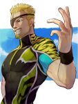  1boy animal_print bangs blonde_hair blue_eyes blue_sky cloud covered_abs eyepatch facial_hair goatee grin highres male_focus oni_gini pectorals ramon_(kof) short_hair short_sleeves sideburns sky smile solo spiked_hair the_king_of_fighters tiger_print upper_body wristband 
