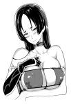  1girl bare_shoulders bikini black_eyes black_hair breasts fate/grand_order fate_(series) greyscale large_breasts long_hair looking_at_viewer md5_mismatch minamoto_no_raikou_(fate) minamoto_no_raikou_(swimsuit_lancer)_(fate) miryuku monochrome nipples saliva simple_background solo swimsuit upper_body white_background 