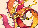  bug centipede centiskorch colored_sclera fire gigantamax gigantamax_centiskorch looking_at_viewer massakasama no_humans pokemon pokemon_(creature) simple_background solo spikes yellow_background yellow_sclera 