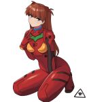  1girl arm_between_legs artist_logo bangs blue_eyes bodysuit breasts closed_mouth commentary donburi_(donburikazoku) full_body hair_ornament hand_up kneeling long_hair looking_at_viewer neon_genesis_evangelion plugsuit pout red_bodysuit red_hair simple_background small_breasts solo souryuu_asuka_langley swept_bangs tsurime very_long_hair white_background 