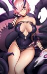  1girl bangs bare_shoulders black_dress breasts choker cleavage collarbone cosplay detached_sleeves dress dydydyok fate/grand_order fate_(series) glasses hair_over_one_eye highres horns jacques_de_molay_(foreigner)_(fate) jacques_de_molay_(foreigner)_(fate)_(cosplay) large_breasts light_purple_hair looking_at_viewer mash_kyrielight open_mouth purple_eyes short_dress short_hair solo tentacles thighs 