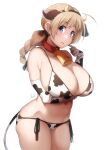  1girl animal_ears animal_print arm_under_breasts bangs bare_shoulders bell bikini black_bow blonde_hair blue_eyes bow braid breasts cat chinese_zodiac cleavage collar commentary cow_ears cow_horns cow_print cow_tail cowbell cowboy_shot elbow_gloves eyebrows_visible_through_hair fake_animal_ears fake_horns gloves hair_bow hair_ornament hand_up highres horns huge_breasts kuronyan long_hair looking_at_viewer lynette_bishop navel open_mouth red_collar side-tie_bikini sidelocks simple_background smile solo strike_witches swimsuit tail white_background world_witches_series year_of_the_ox 