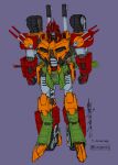  1boy 2021 alex_milne armor bludgeon clenched_hands decepticon evil full_body green_armor ground_vehicle helmet japanese_armor kabuto mecha military military_vehicle motor_vehicle official_art orange_armor purple_background red_armor red_eyes red_headwear samurai science_fiction sheath sheathed signature tank tank_turret the_transformers_(idw) transformers weapon_behind_back 