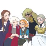  5girls armor blonde_hair braid breastplate brown_hair coat crown_braid dress epaulettes eyepatch grey_hair long_hair looking_at_another mims_(mimimon) multicolored_hair multiple_girls multiple_persona old old_woman older pointy_ears princess_zelda short_hair smile tetra the_legend_of_zelda the_legend_of_zelda:_breath_of_the_wild the_legend_of_zelda:_ocarina_of_time the_legend_of_zelda:_skyward_sword the_legend_of_zelda:_the_wind_waker the_legend_of_zelda:_twilight_princess time_paradox two-tone_hair 