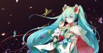  1girl absurdres aqua_eyes aqua_hair ar_(3779609928) black_background blue_flower bouquet bug butterfly capelet commentary falling_petals flower frilled_sleeves frills hair_flower hair_ornament hand_up hatsune_creation_myth_(vocaloid) hatsune_miku highres holding holding_bouquet holding_flower long_hair magical_mirai_(vocaloid) petals purple_butterfly red_flower red_rose rose smile solo twintails upper_body vocaloid white_capelet white_flower white_sleeves yellow_butterfly yellow_flower 