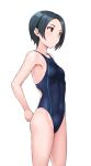  1girl black_hair black_swimsuit breasts collarbone competition_swimsuit covered_navel cowboy_shot hashi one-piece_swimsuit original red_eyes short_hair simple_background small_breasts solo standing swimsuit white_background 