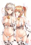 2girls absurdres animal_ears animal_print arm_hug armpit_crease ass_visible_through_thighs bangs bare_shoulders bell bikini black_choker blonde_hair bnari breasts brown_eyes choker cleavage collarbone commentary cow_ears cow_horns cow_print cow_tail cowbell cowboy_shot ear_tag elbow_gloves english_commentary eyebrows_visible_through_hair fake_animal_ears fake_horns front-tie_bikini front-tie_top gloves green_eyes hair_ornament hair_scrunchie hairband halter_top halterneck highres horns large_breasts long_hair looking_at_viewer mole mole_on_breast multi-strapped_bikini multiple_girls navel neck_bell o-ring o-ring_bikini open_mouth original ponytail scrunchie side-tie_bikini silver_hair skindentation smile standing stomach string_bikini swimsuit tail thigh_gap thighhighs thighs wet white_background white_bikini white_gloves white_legwear 