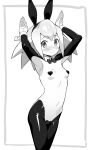  1girl animal_ears armpits bangs biggumane black_legwear blush breasts cameltoe cropped_jacket eyebrows_visible_through_hair fake_animal_ears greyscale heart_pasties highres latex latex_legwear long_hair long_sleeves looking_at_viewer maebari mega_man_(series) mega_man_legends meme_attire monochrome navel pantyhose pasties playboy_bunny rabbit_ears revealing_clothes reverse_bunnysuit reverse_outfit roll_caskett_(mega_man) shrug_(clothing) simple_background solo wrist_cuffs 