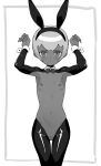  1girl animal_ears areolae armpits bangs biggumane black_legwear blush breasts cameltoe cleft_of_venus cropped_jacket dark-skinned_female dark_skin eyebrows_visible_through_hair fake_animal_ears greyscale highres latex latex_legwear long_sleeves looking_at_viewer mega_man_(series) mega_man_legends meme_attire monochrome navel nipples pantyhose pasties playboy_bunny pussy rabbit_ears revealing_clothes reverse_bunnysuit reverse_outfit sera_(mega_man) short_hair shrug_(clothing) simple_background slit_pupils solo wrist_cuffs 