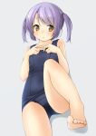  1girl bare_arms bare_legs bare_shoulders barefoot black_swimsuit blush brown_eyes collarbone commentary_request grey_background highres looking_at_viewer lying old_school_swimsuit on_back one-piece_swimsuit original own_hands_together parted_lips purple_hair school_swimsuit shibacha solo swimsuit twintails 