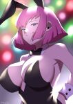  1girl animal_ears blue_eyes breasts breasts_apart cowboy_shot detached_collar from_below from_side gundam gundam_zz haman_karn highres large_breasts looking_at_viewer miginohito_mitsuru pink_hair playboy_bunny rabbit_ears short_hair smile smirk solo wrist_cuffs zeta_gundam 