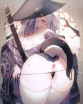  1girl ass bare_back bare_shoulders black_panties blue_eyes blurry blurry_background branch commentary_request commission cowboy_shot cum from_behind g-string hair_ornament hat highres horns horns_through_headwear japanese_clothes katana kimono long_hair looking_at_viewer looking_back off-shoulder_kimono original ornament panties petals pussy_juice removing_pasties sen_light sheath solo string_panties sword tail thick_thighs thighhighs thighs thong tree underwear weapon white_hair white_legwear wide_hips wide_sleeves 