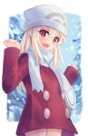  1girl bangs beanie blush breasts buttons cosplay dawn_(pokemon) dawn_(pokemon)_(cosplay) fate/kaleid_liner_prisma_illya fate_(series) hair_between_eyes hat illyasviel_von_einzbern jacket long_hair long_sleeves looking_at_viewer open_mouth pan_korokorosuke pokemon pokemon_(game) pokemon_dppt pokemon_platinum red_eyes red_jacket scarf sidelocks small_breasts smile solo white_hair white_headwear white_scarf 