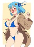  1girl bikini blue_hair blue_ribbon borrowed_character breasts brown_coat burger_hair_ornament coat commentary_request dated food-themed_hair_ornament hair_ornament hair_ribbon hamburger-chan_(hundredburger) large_breasts navel open_clothes open_coat original red_eyes ribbon short_hair side-tie_bikini solo swimsuit thighs tsukudani_(coke-buta) two-tone_background white_background white_bikini yellow_background 