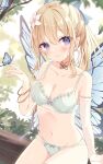  1girl bangle bangs bare_shoulders blonde_hair blue_bow blush bow bow_bra bow_panties bra bracelet branch breasts butterfly_wings cleavage closed_mouth collarbone commentary_request elbow_gloves eyebrows_visible_through_hair fairy flower gloves groin hair_between_eyes hair_bow hair_flower hair_ornament hand_up highres hoshi_(snacherubi) in_tree jewelry long_hair looking_at_viewer navel original panties ponytail purple_eyes single_glove sitting small_breasts smile solo tree underwear underwear_only white_bra white_flower white_gloves white_panties wings 