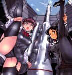  2girls aircraft ass black_hair black_legwear black_panties blue_sky brown_eyes commentary_request day double_bun garter_straps glasses glint grey_skirt grey_vest hair_ornament kamisimo_90 long_hair looking_at_viewer multiple_girls neck_ribbon original panties panties_under_pantyhose pantyhose pleated_skirt red_hair red_ribbon ribbon rocket rocket_ship shirt shoes short_sleeves skirt sky space_craft split standing standing_on_one_leg standing_split tanned_girl_(kamisimo_90) thighhighs underwear uniform vest white_shirt 