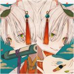  2boys animal_ear_fluff animal_ears fang fox_ears fox_mask green_eyes highres holding holding_mask japanese_clothes leaf leaf_on_head male_focus mask mouth_hold multiple_boys nail_polish original scroll shira_mame93 