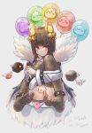  1girl :3 =_= ^_^ ^o^ alin._(jk01233) angeling animal_ear_fluff animal_ears archangeling balloon bangs bell black_hair black_legwear blue_jacket blush bow bow_panties breasts brown_legwear c8oyk closed_eyes closed_mouth collaboration commentary detached_sleeves dress drops_(ragnarok_online) english_commentary eyebrows_visible_through_hair fishnet_legwear fishnets full_body fur-trimmed_jacket fur-trimmed_sleeves fur_trim grey_background hair_bell hair_ornament highres jacket jingle_bell knees_together_feet_apart knees_up looking_at_viewer marin_(ragnarok_online) medium_breasts no_shoes official_alternate_costume panties panties_around_toe pink_panties poporing poring purple_eyes ragnarok_online shadow_chaser_(ragnarok_online) simple_background skeggiold slime_(creature) solo spiked_anklet thighhighs twitter_username underwear white_dress 