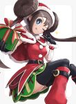  1girl absurdres blue_eyes boots brown_hair christmas double_bun gloves gonzarez hat highres long_hair official_alternate_costume pokemon pokemon_(game) pokemon_masters_ex redrawn rosa_(pokemon) santa_boots santa_costume santa_gloves santa_hat solo twintails very_long_hair 