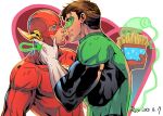  2boys bag_of_chips barry_allen black_bodysuit blue_eyes bodysuit brown_hair domino_mask eye_contact food french_fries gloves green_bodysuit green_lantern green_lantern_(series) hal_jordan hand_on_another&#039;s_face holding holding_food jewelry looking_at_another male_focus mask multiple_boys muscular muscular_male red_bodysuit redrico ring shared_food short_hair smile superhero teeth the_flash the_flash_(series) two-tone_bodysuit upper_body white_gloves yaoi 