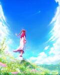 1girl aerith_gainsborough blue_flower blue_sky boulder braid cloud comet commentary cropped_jacket dress english_commentary facing_away field final_fantasy final_fantasy_vii floating_hair flower flower_field from_behind from_below full_body gold_bracelet hair_ribbon highres instagram_username jacket long_hair looking_ahead mountain mountainous_horizon on_rock outdoors petals pink_dress pink_flower pink_ribbon red_footwear red_jacket ribbon signature single_braid sky solo standing star_(sky) tylor_hepner visible_air watermark wind yellow_flower 
