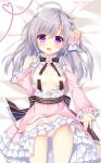  1girl :d ahoge ameto_yuki artist_name ass_visible_through_thighs bangs bed_sheet bow breasts breasts_outside commentary_request dress eyebrows_visible_through_hair flower frilled_dress frills grey_eyes grey_hair hair_between_eyes hair_bow heart karenai_sekai_to_owaru_hana long_hair long_sleeves looking_at_viewer lying medium_breasts on_back open_clothes open_shirt panties pink_bow pink_dress pink_flower pink_panties purple_eyes ren_(karenai_sekai_to_owaru_hana) shirt side-tie_panties sleeves_past_wrists smile solo underwear white_shirt wide_sleeves yellow_flower 